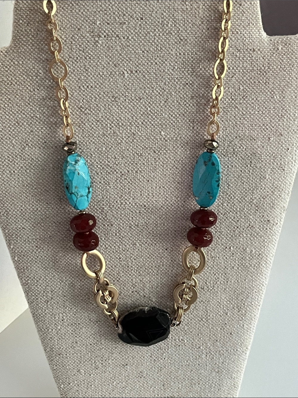 Vintage Chan Luu Turquoise Garnet Black Agate Gold Tone Statement Necklace